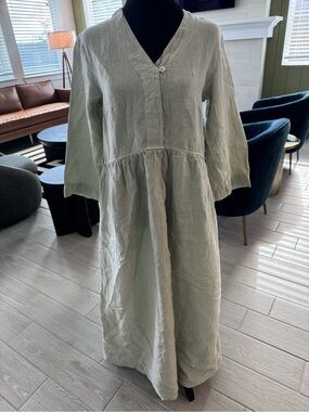 TOAST 100% Linen Sage Green V Neck 3/4 Sleeve Midi Dress Size XS VGUC